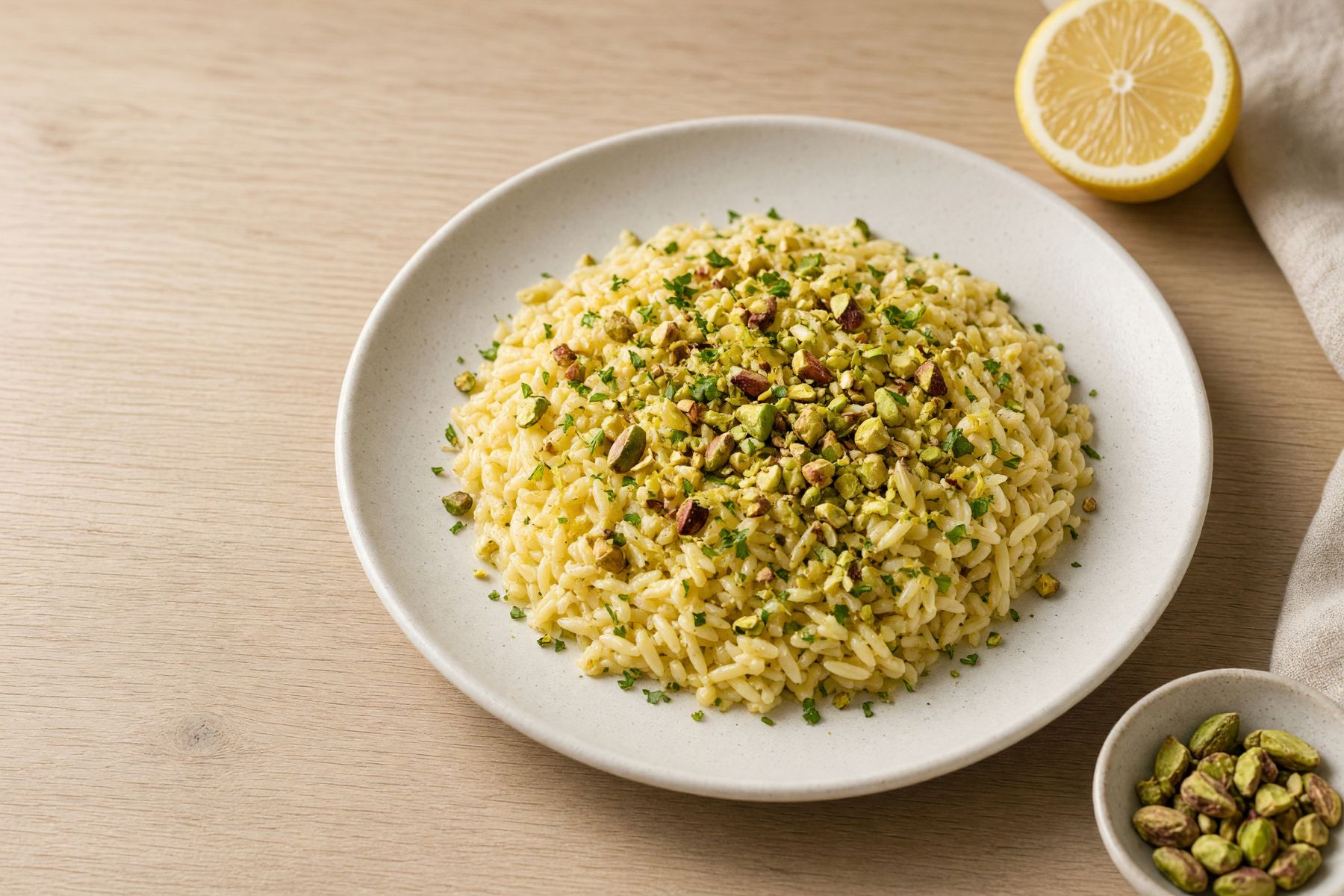 Lemon pistachio orzo served on a warm ceramic plate