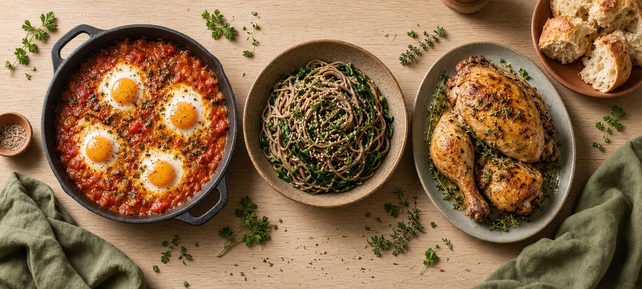A table set with colourful home-cooked dishes